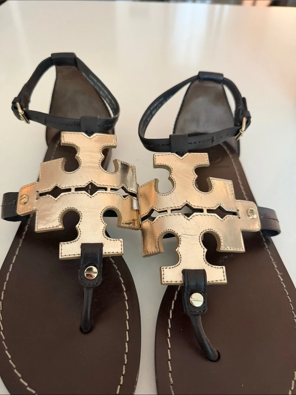 Tory Burch Brown Leather Sandals with Gold Logo Accents